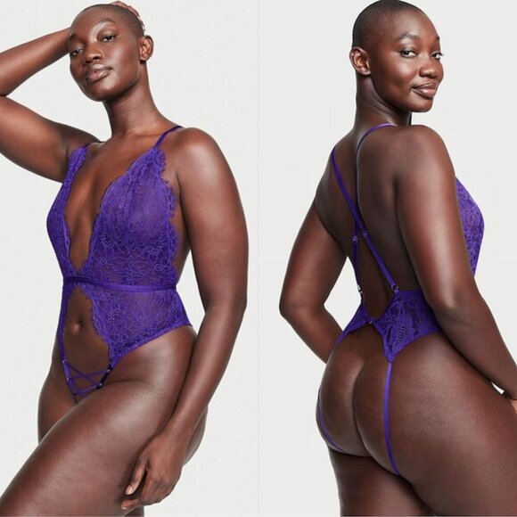 New! Victoria’s Secret Brilliant Purple Lace Crotchless Bodysuit 4290 - Picture 2 of 7